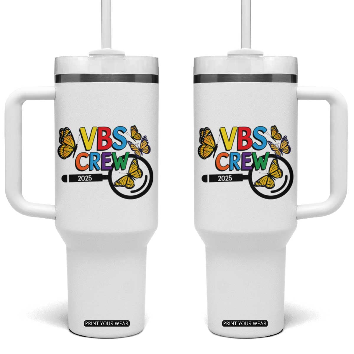 VBS 2025 Tumbler With Handle Magnified Vacation Bible School Butterfly VBS Team TS02 One Size: 40 oz White Print Your Wear