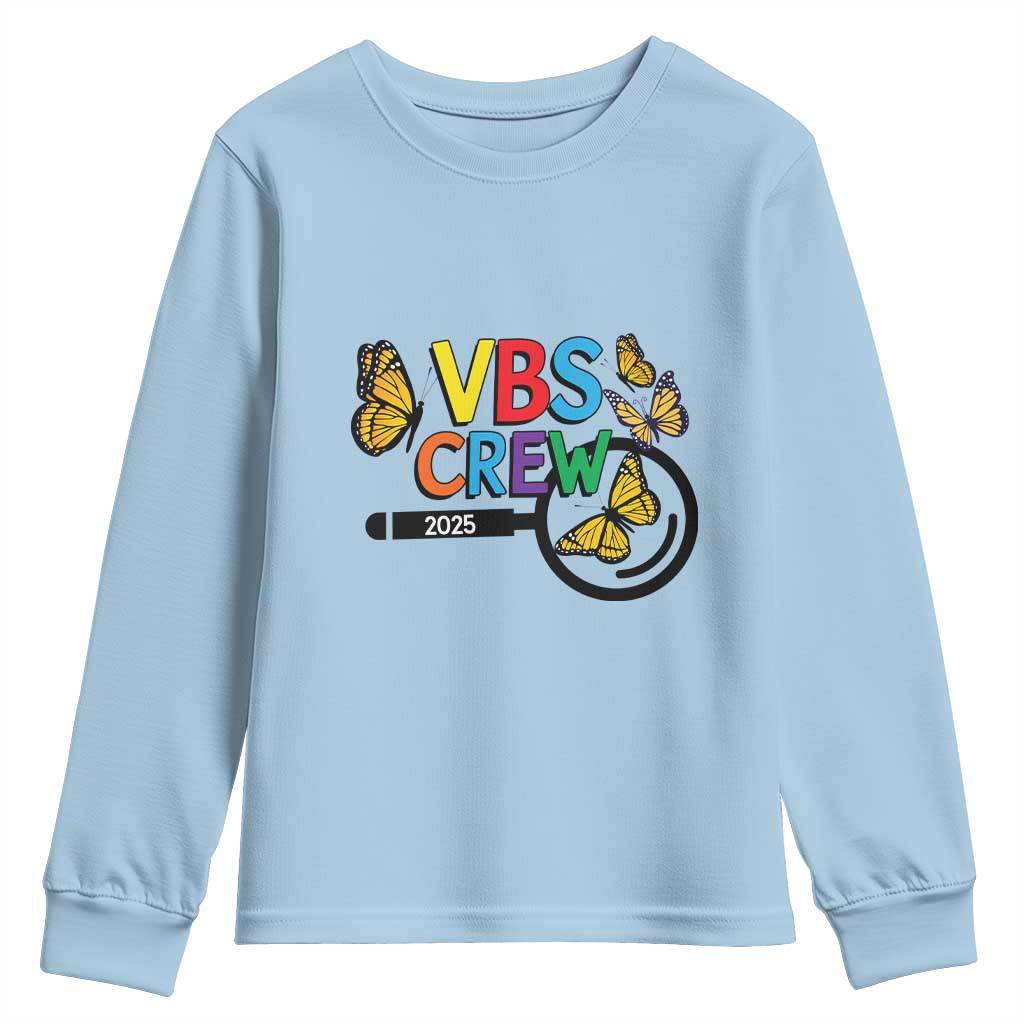VBS 2025 Youth Sweatshirt Magnified Vacation Bible School Butterfly VBS Team TS02 Light Blue Print Your Wear