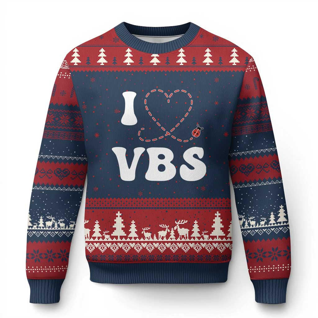 I Love VBS 2025 Ugly Christmas Sweater Vacation Bible School Ladybug VBS Team TS02 Navy Red Print Your Wear