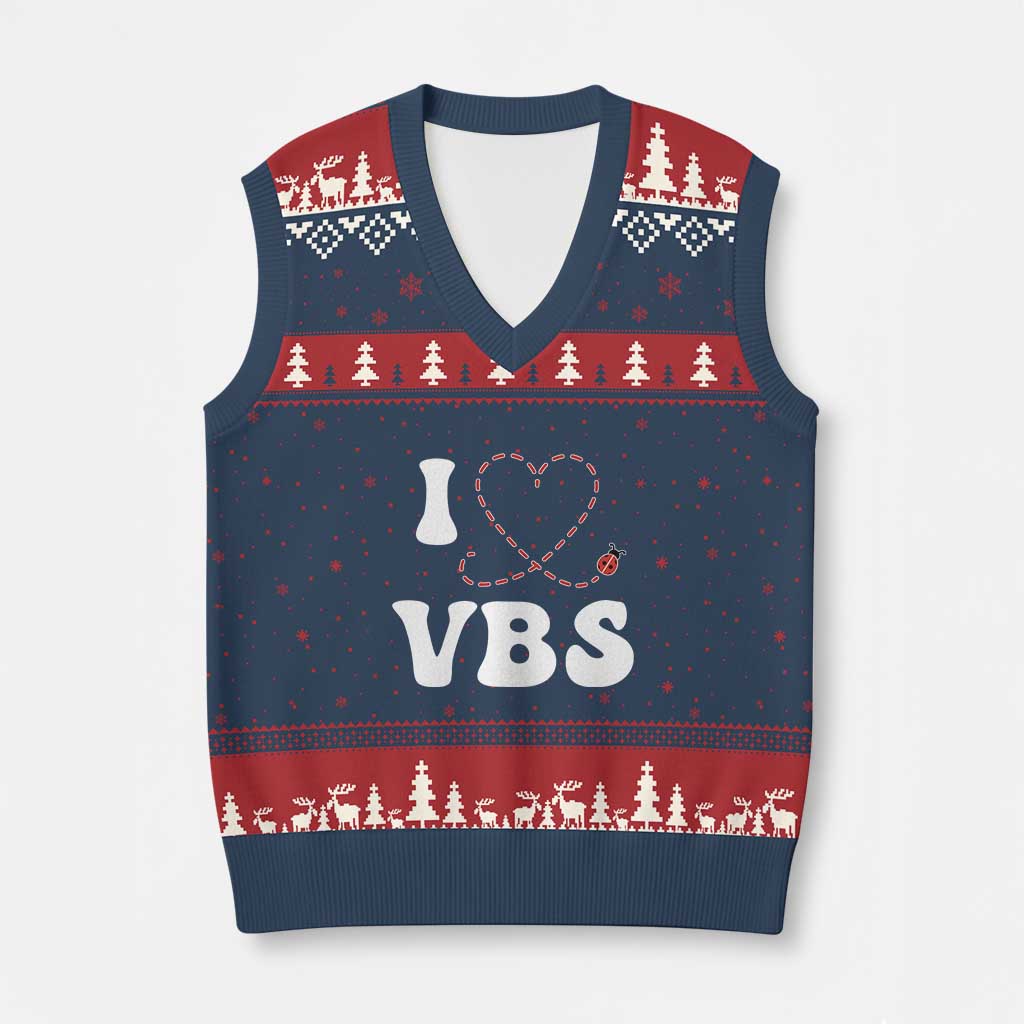 I Love VBS 2025 V-Neck Knit Sweater Vest Vacation Bible School Ladybug VBS Team TS02 Navy Red Print Your Wear