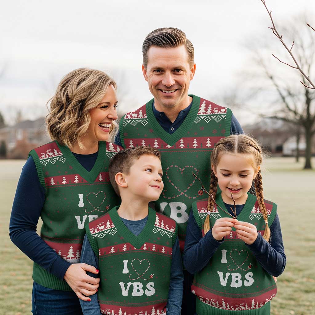 I Love VBS 2025 V-Neck Knit Sweater Vest Vacation Bible School Ladybug VBS Team TS02 Red Green Print Your Wear