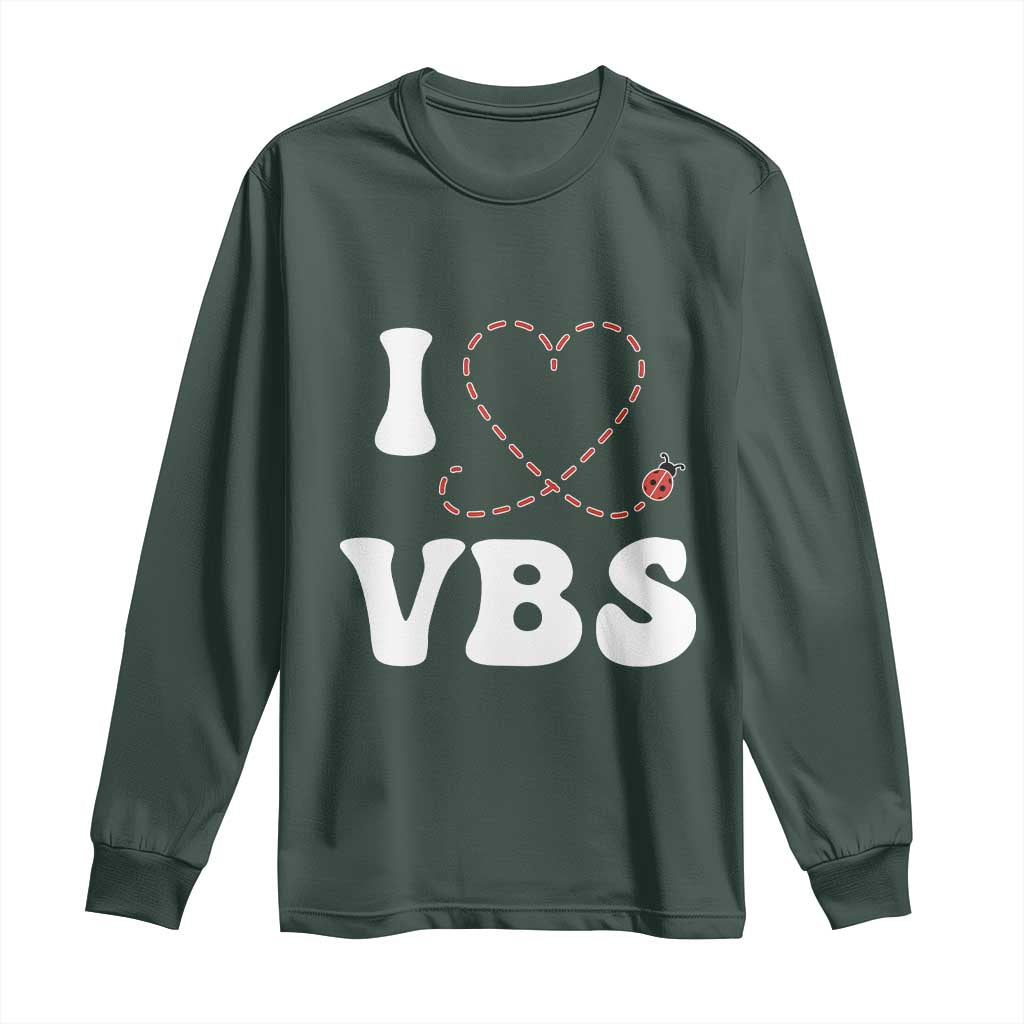 I Love VBS 2025 Long Sleeve Shirt Vacation Bible School Ladybug VBS Team TS02 Dark Forest Green Print Your Wear