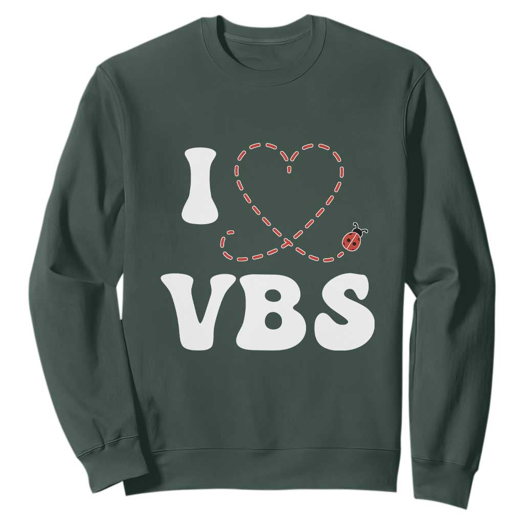 I Love VBS 2025 Sweatshirt Vacation Bible School Ladybug VBS Team TS02 Dark Forest Green Print Your Wear