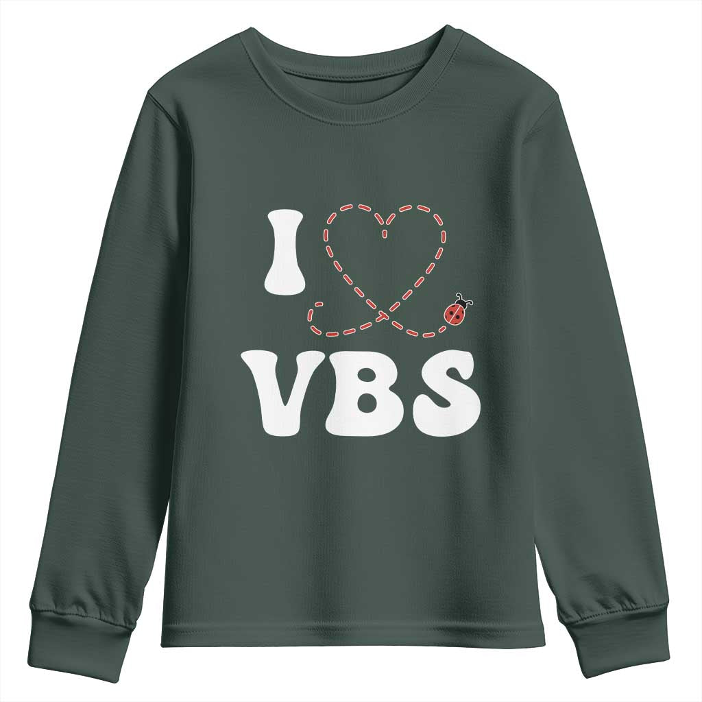 I Love VBS 2025 Youth Sweatshirt Vacation Bible School Ladybug VBS Team TS02 Dark Forest Green Print Your Wear