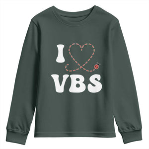 I Love VBS 2025 Youth Sweatshirt Vacation Bible School Ladybug VBS Team TS02 Dark Forest Green Print Your Wear
