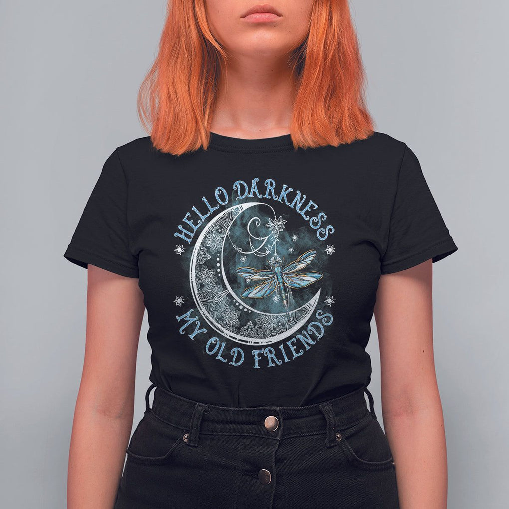 Dragonfly T Shirt For Women Hello Darkness My Old Friend Sound Of Silence Moon and Dragonfly Mandala Mystic Peaceful Meditation Shirt for Women, Dragonfly T-shirt, Dragonfly Gift, Insect Lover Shirt TS02 Black Printyourwear