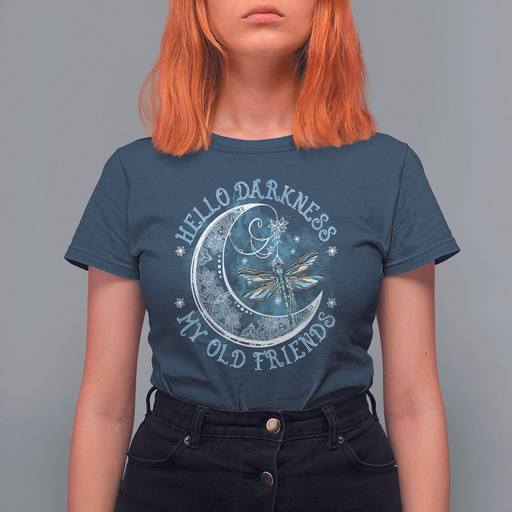 Dragonfly T Shirt For Women Hello Darkness My Old Friend Sound Of Silence Moon and Dragonfly Mandala Mystic Peaceful Meditation Shirt for Women, Dragonfly T-shirt, Dragonfly Gift, Insect Lover Shirt TS02 Navy Printyourwear