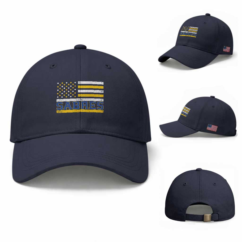 Retro Patriotic Sabres Name Pride American Flag Baseball Cap Distressed Sports Fan Graphic TS02 Baseball Cap Universal Fit Navy Print Your Wear