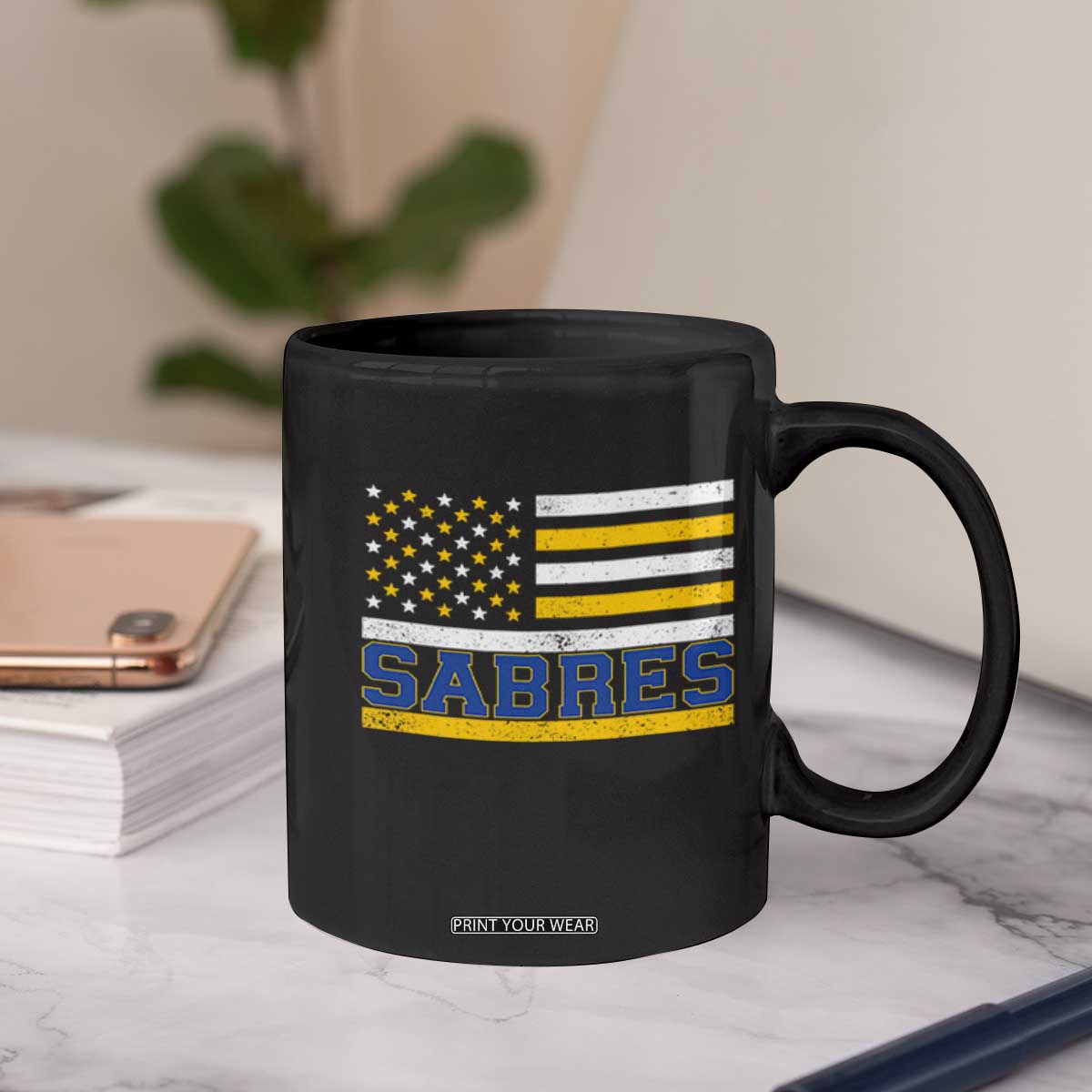 Retro Patriotic Sabres Name Pride American Flag Coffee Mug Distressed Sports Fan Graphic TS02 Print Your Wear