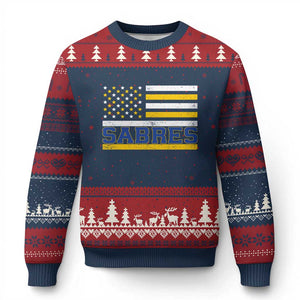 Retro Patriotic Sabres Name Pride American Flag Ugly Christmas Sweater Distressed Sports Fan Graphic TS02 Navy Red Print Your Wear