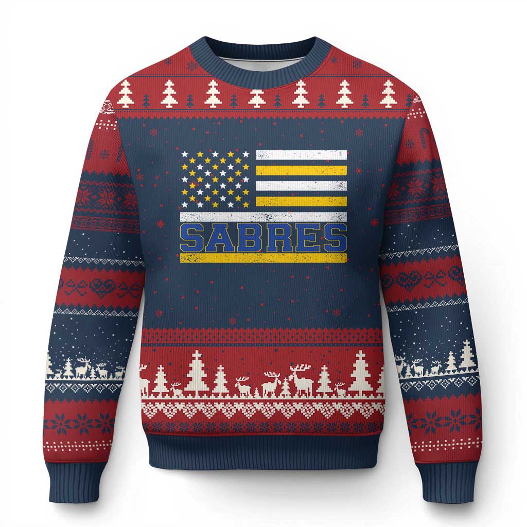Retro Patriotic Sabres Name Pride American Flag Ugly Christmas Sweater Distressed Sports Fan Graphic TS02 Navy Red Print Your Wear