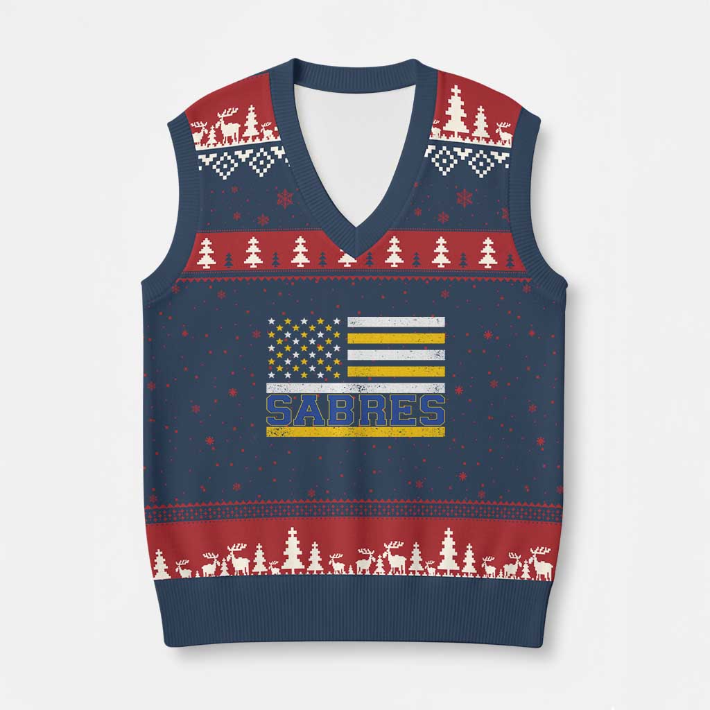Retro Patriotic Sabres Name Pride American Flag V-Neck Knit Sweater Vest Distressed Sports Fan Graphic TS02 Navy Red Print Your Wear
