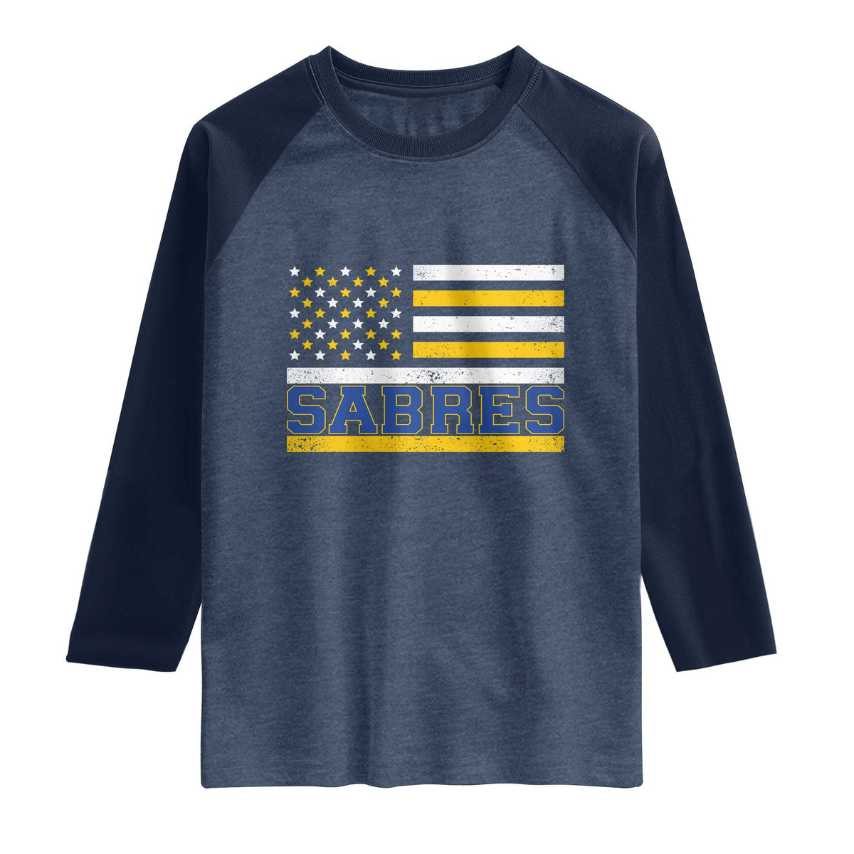 Retro Patriotic Sabres Name Pride American Flag Raglan Shirt Distressed Sports Fan Graphic TS02 Heather Denim Navy Print Your Wear