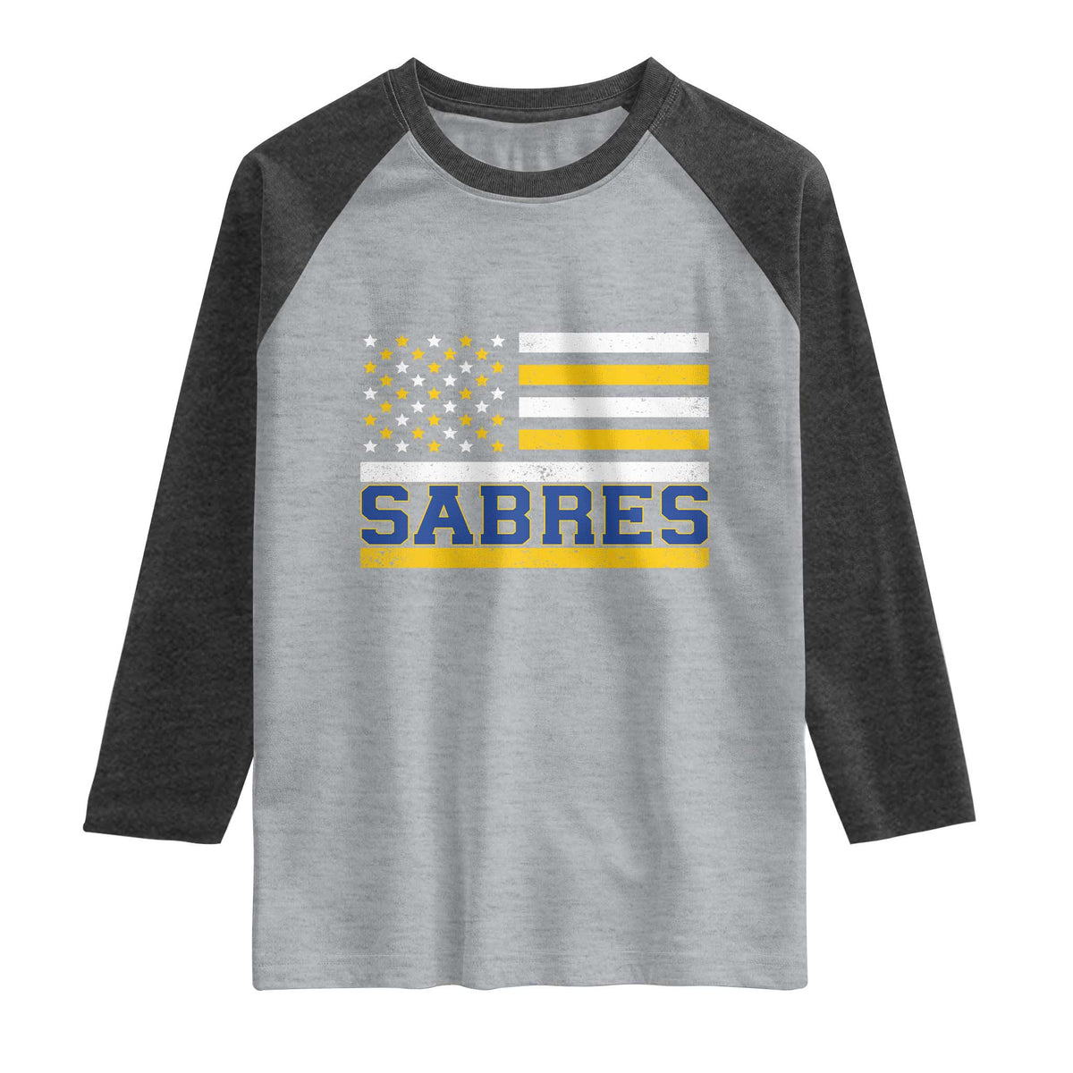 Retro Patriotic Sabres Name Pride American Flag Raglan Shirt Distressed Sports Fan Graphic TS02 Heather Gray Heather Charcoal Print Your Wear