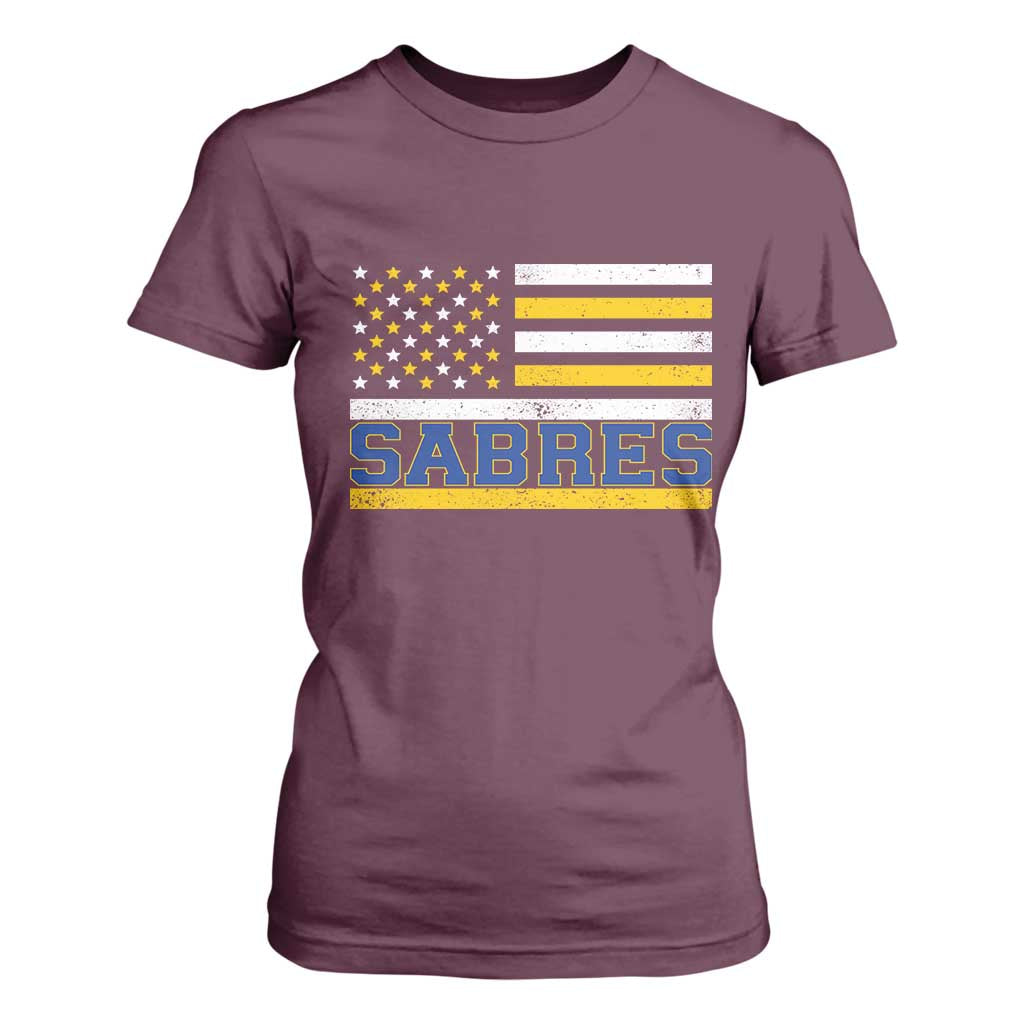 Retro Patriotic Sabres Name Pride American Flag T Shirt For Women Distressed Sports Fan Graphic TS02 Maroon Print Your Wear