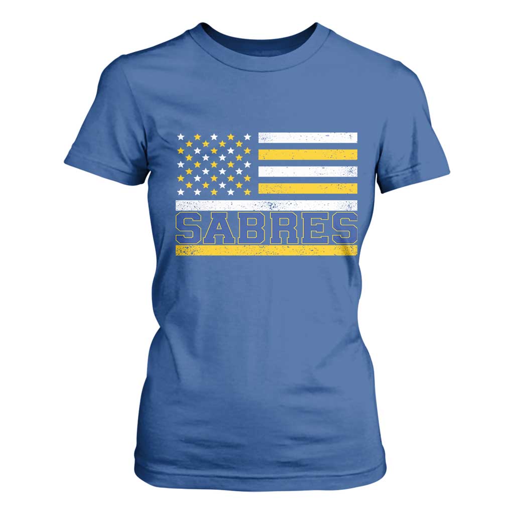 Retro Patriotic Sabres Name Pride American Flag T Shirt For Women Distressed Sports Fan Graphic TS02 Royal Blue Print Your Wear