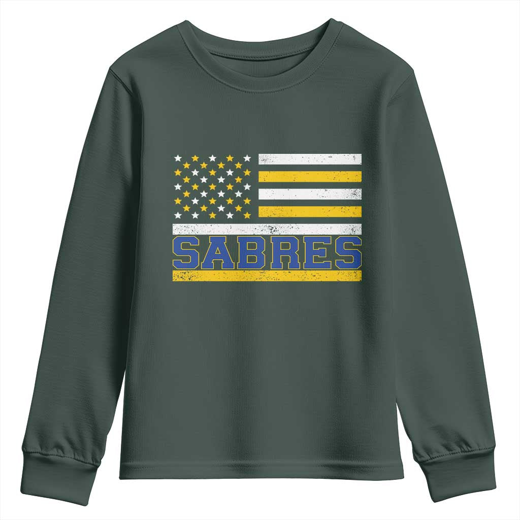 Retro Patriotic Sabres Name Pride American Flag Youth Sweatshirt Distressed Sports Fan Graphic TS02 Dark Forest Green Print Your Wear