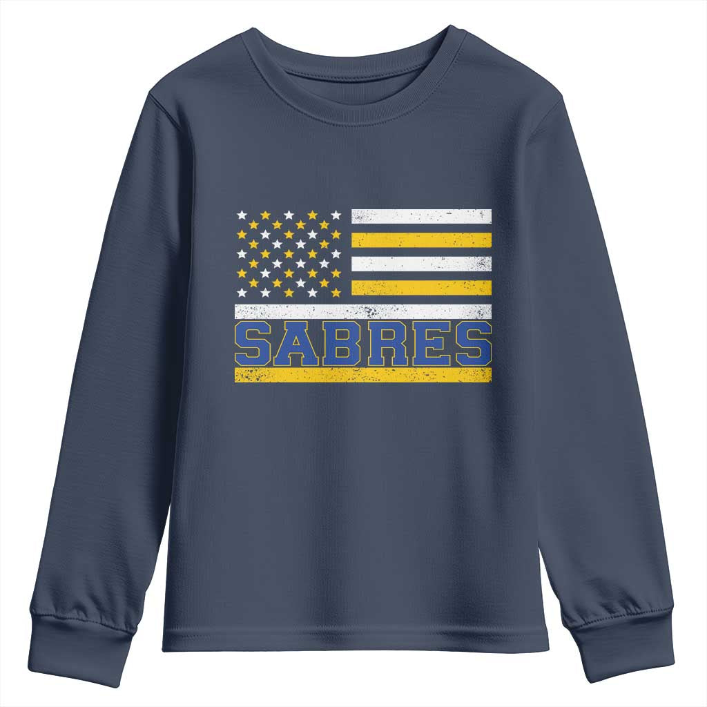 Retro Patriotic Sabres Name Pride American Flag Youth Sweatshirt Distressed Sports Fan Graphic TS02 Navy Print Your Wear