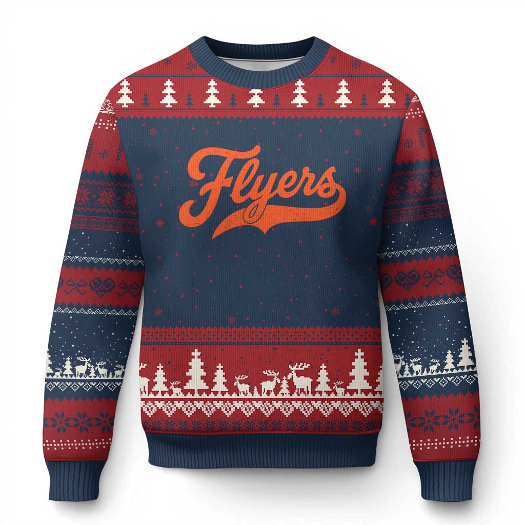 Vintage Flyers Name Script Style Ugly Christmas Sweater Retro Distressed Tailgate Spirit Sports Fan TS02 Navy Red Print Your Wear