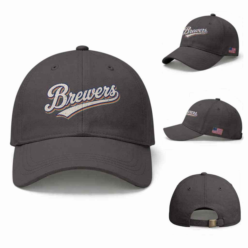 Vintage 70s Brewers Name Script Style Baseball Cap Retro Distressed Tailgate Spirit Sports Fan TS02 Baseball Cap Universal Fit Dark Gray Print Your Wear