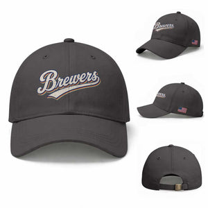 Vintage 70s Brewers Name Script Style Baseball Cap Retro Distressed Tailgate Spirit Sports Fan TS02 Baseball Cap Universal Fit Dark Gray Print Your Wear