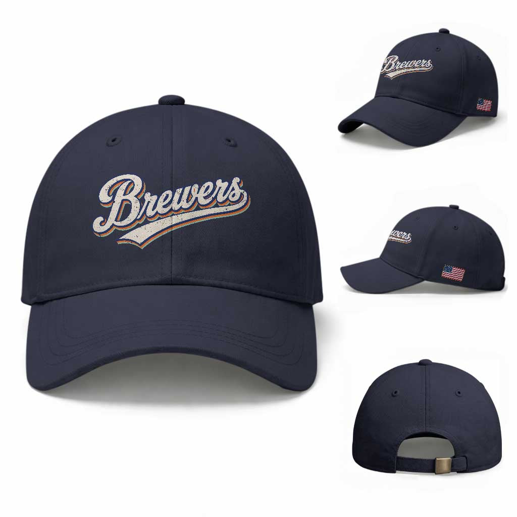 Vintage 70s Brewers Name Script Style Baseball Cap Retro Distressed Tailgate Spirit Sports Fan TS02 Baseball Cap Universal Fit Navy Print Your Wear