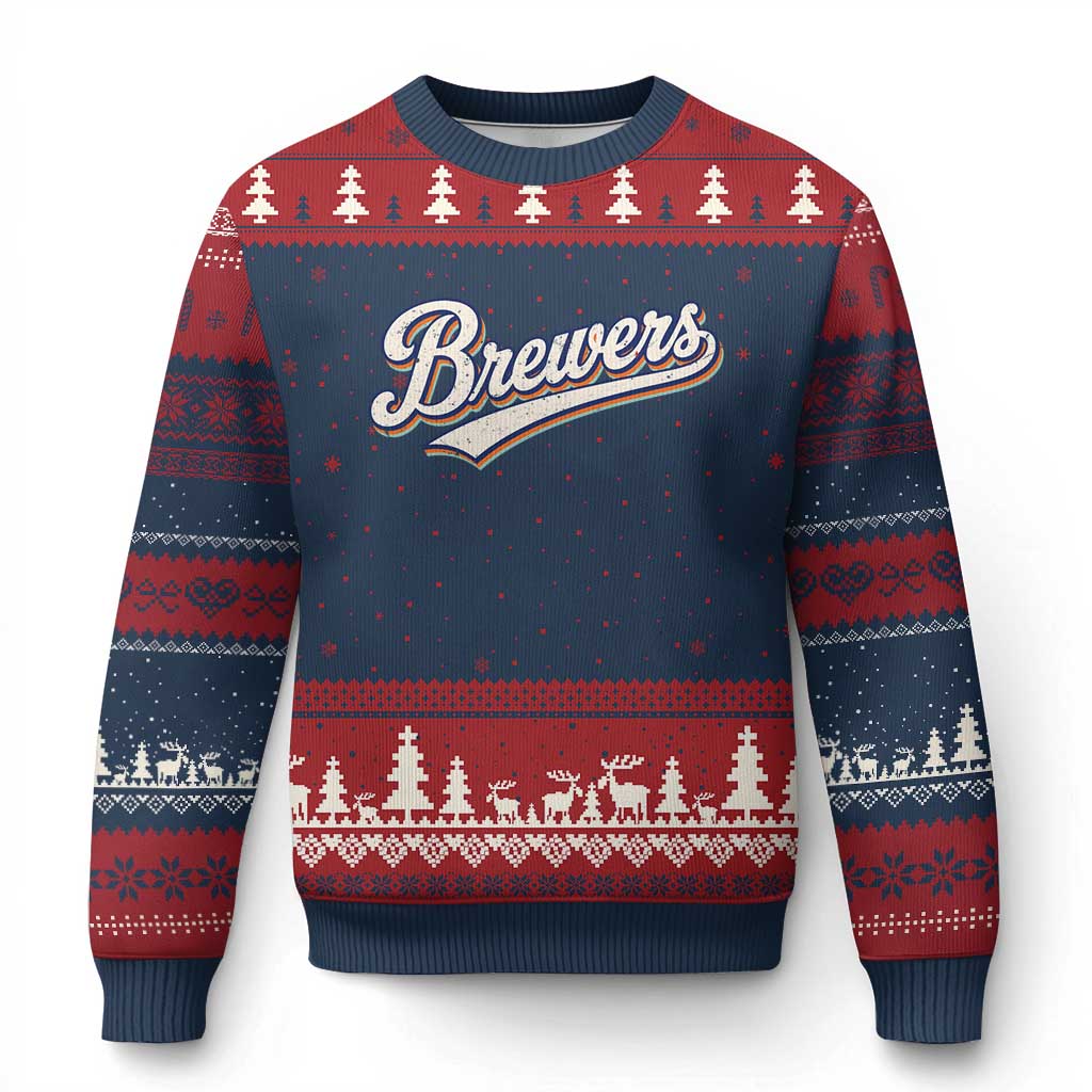 Vintage 70s Brewers Name Script Style Ugly Christmas Sweater Retro Distressed Tailgate Spirit Sports Fan TS02 Navy Red Print Your Wear