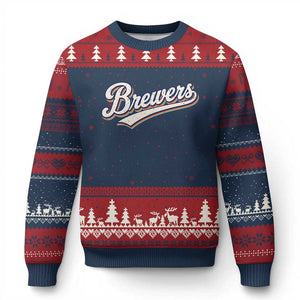 Vintage 70s Brewers Name Script Style Ugly Christmas Sweater Retro Distressed Tailgate Spirit Sports Fan TS02 Navy Red Print Your Wear