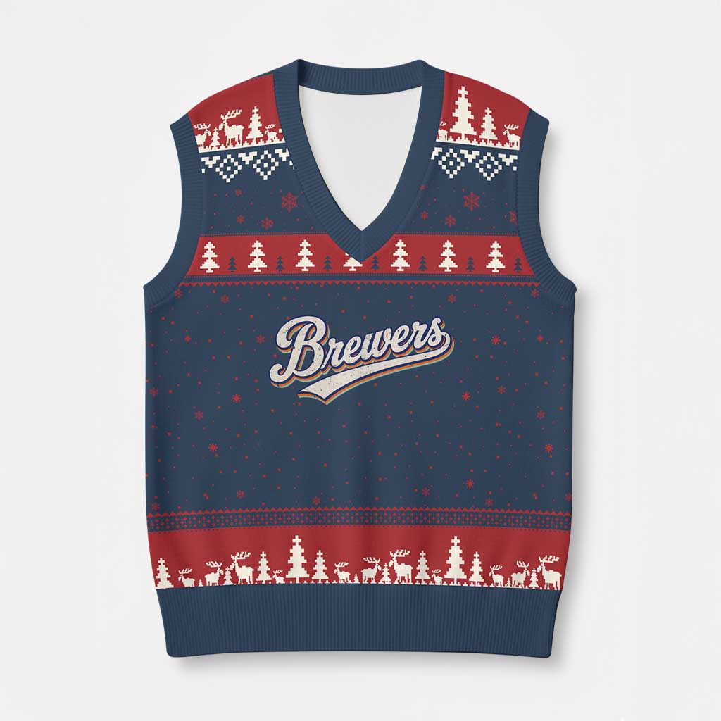 Vintage 70s Brewers Name Script Style V-Neck Knit Sweater Vest Retro Distressed Tailgate Spirit Sports Fan TS02 Navy Red Print Your Wear