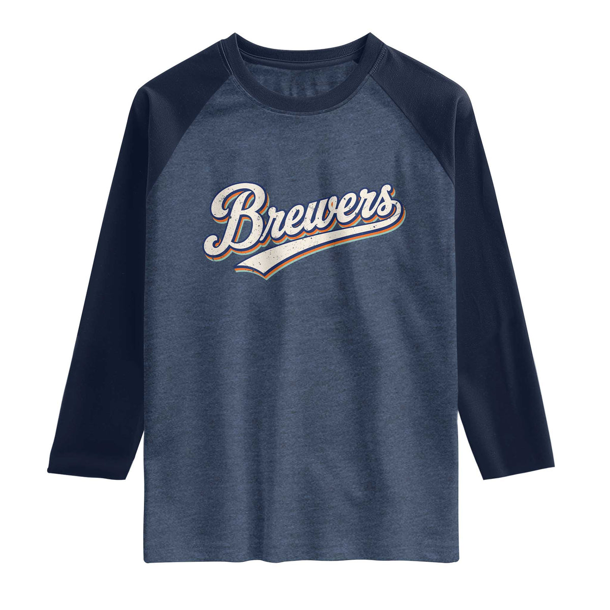 Vintage 70s Brewers Name Script Style Raglan Shirt Retro Distressed Tailgate Spirit Sports Fan TS02 Heather Denim Navy Print Your Wear