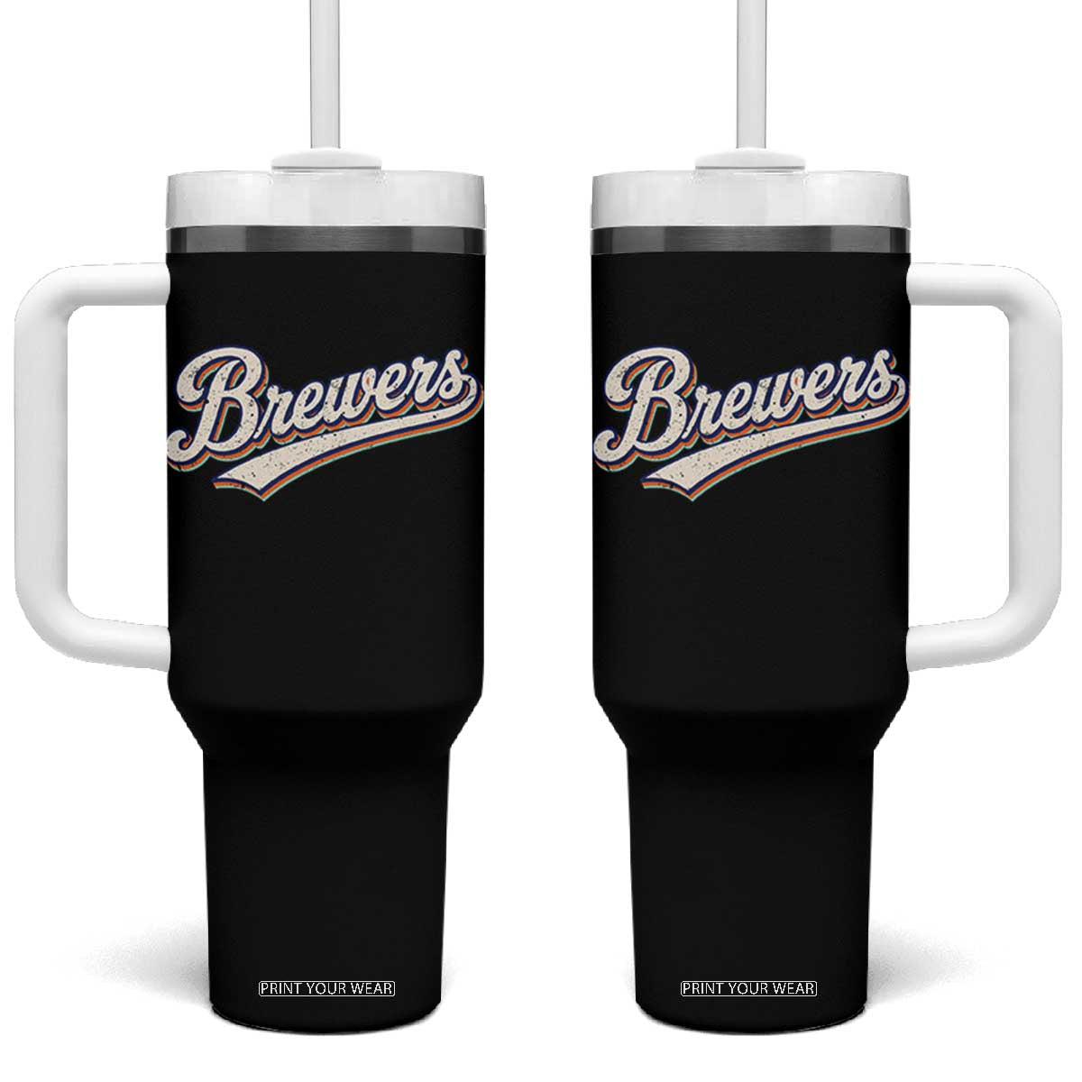 Vintage 70s Brewers Name Script Style Tumbler With Handle Retro Distressed Tailgate Spirit Sports Fan TS02 One Size: 40 oz Black Print Your Wear