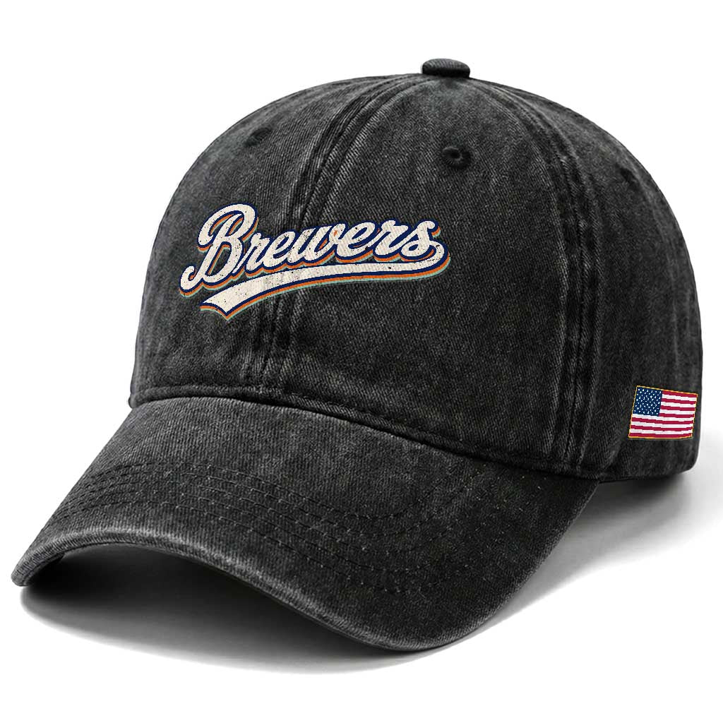 Vintage 70s Brewers Name Script Style Washed Cotton Baseball Cap Retro Distressed Tailgate Spirit Sports Fan TS02 Print Your Wear