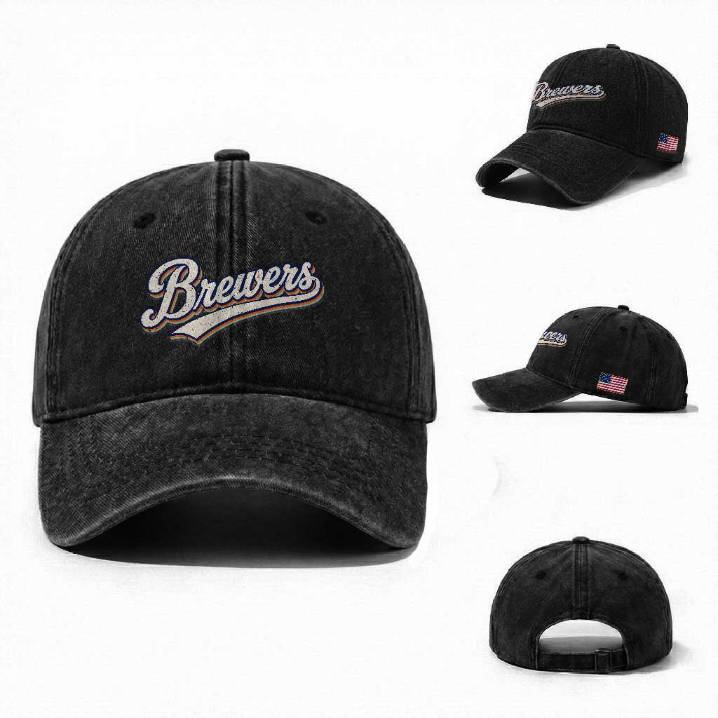 Vintage 70s Brewers Name Script Style Washed Cotton Baseball Cap Retro Distressed Tailgate Spirit Sports Fan TS02 Washed Cap Universal Fit Black Print Your Wear
