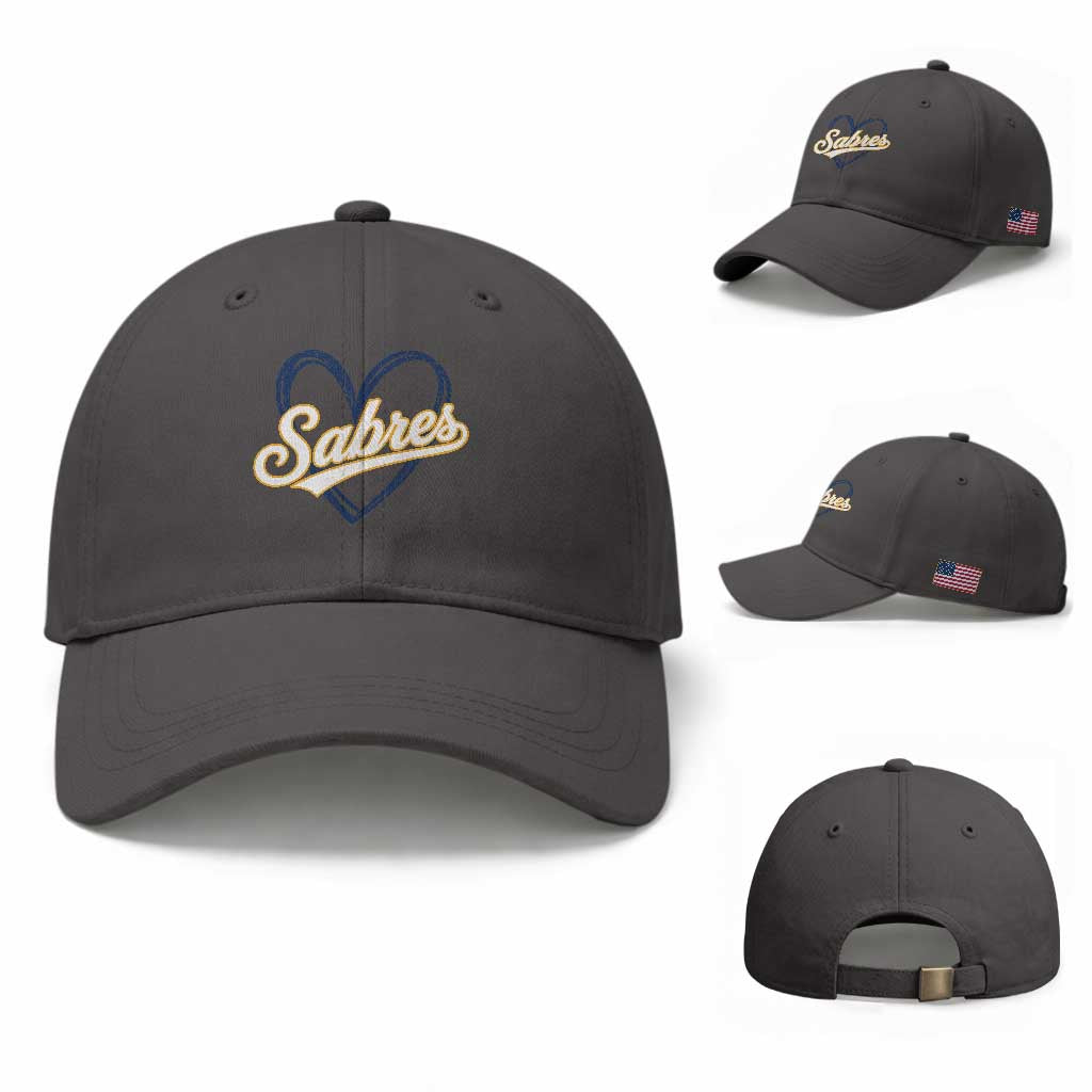 Vintage 70s Sabres Name Heart Script Style Baseball Cap Retro Distressed Tailgate Spirit Sports Fan TS02 Baseball Cap Universal Fit Dark Gray Print Your Wear