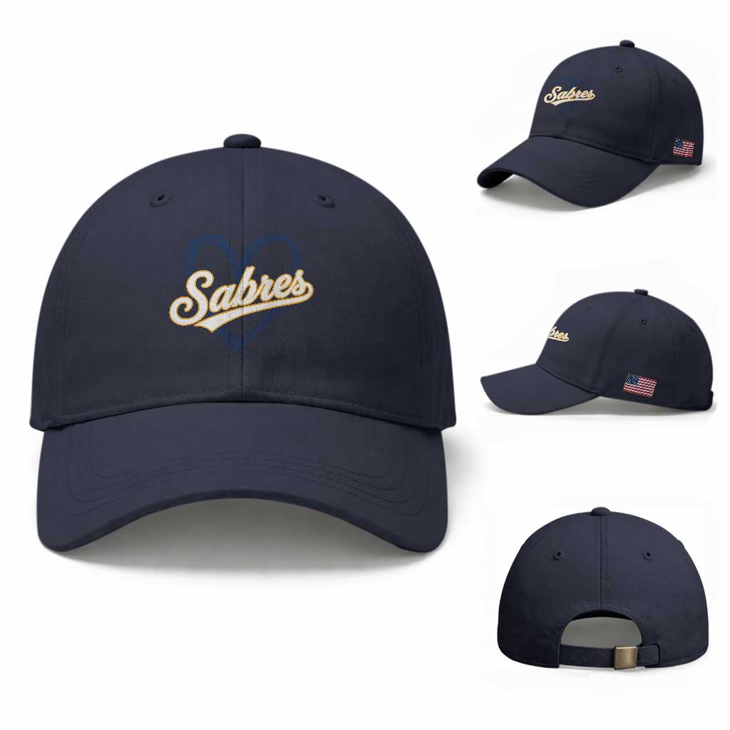 Vintage 70s Sabres Name Heart Script Style Baseball Cap Retro Distressed Tailgate Spirit Sports Fan TS02 Baseball Cap Universal Fit Navy Print Your Wear