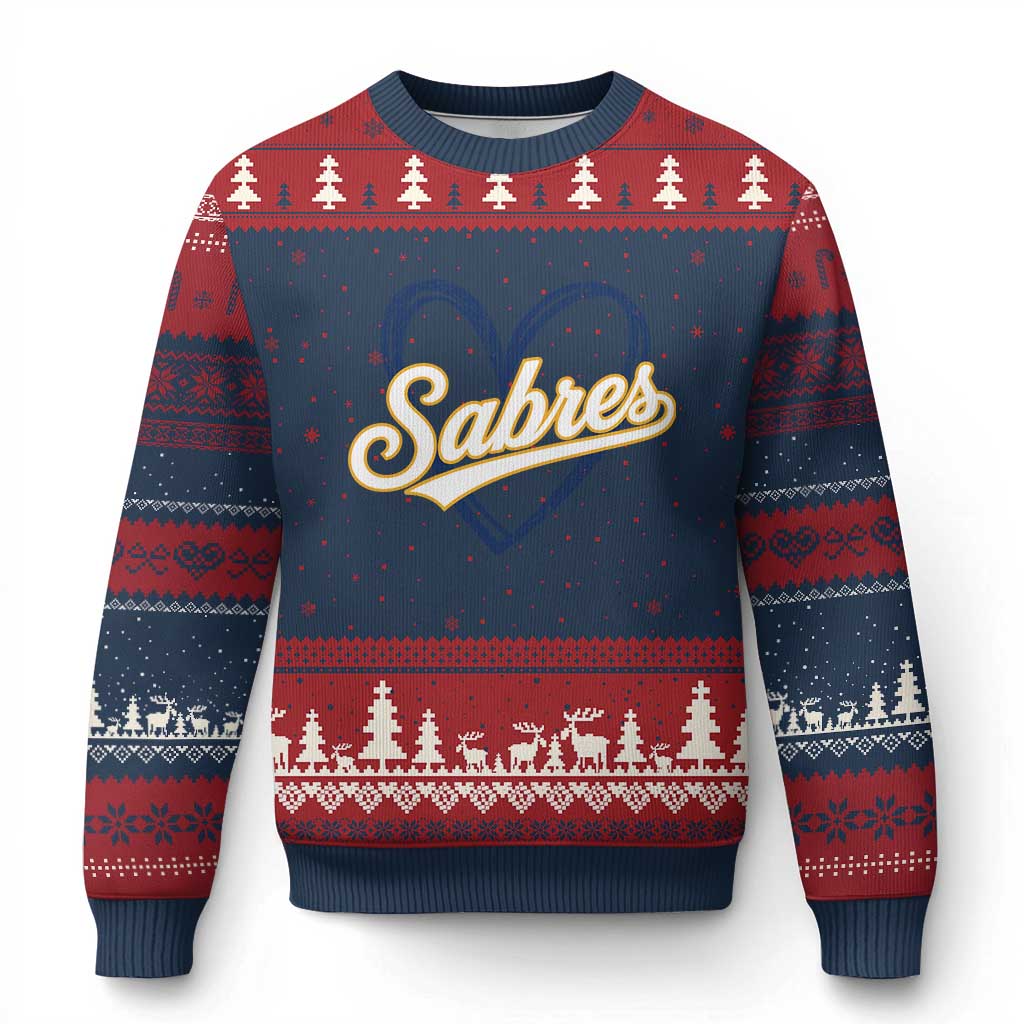 Vintage 70s Sabres Name Heart Script Style Ugly Christmas Sweater Retro Distressed Tailgate Spirit Sports Fan TS02 Navy Red Print Your Wear