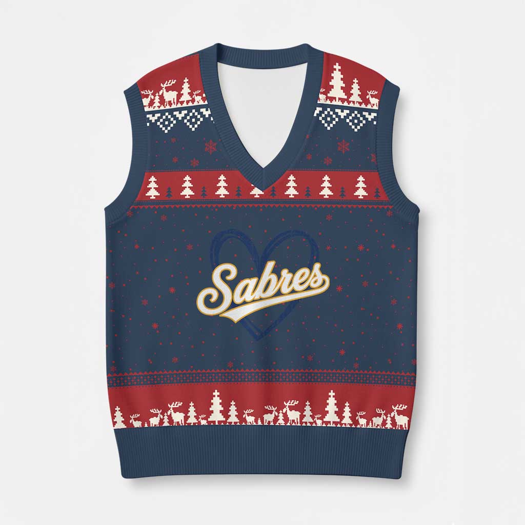 Vintage 70s Sabres Name Heart Script Style V-Neck Knit Sweater Vest Retro Distressed Tailgate Spirit Sports Fan TS02 Navy Red Print Your Wear