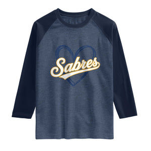 Vintage 70s Sabres Name Heart Script Style Raglan Shirt Retro Distressed Tailgate Spirit Sports Fan TS02 Heather Denim Navy Print Your Wear