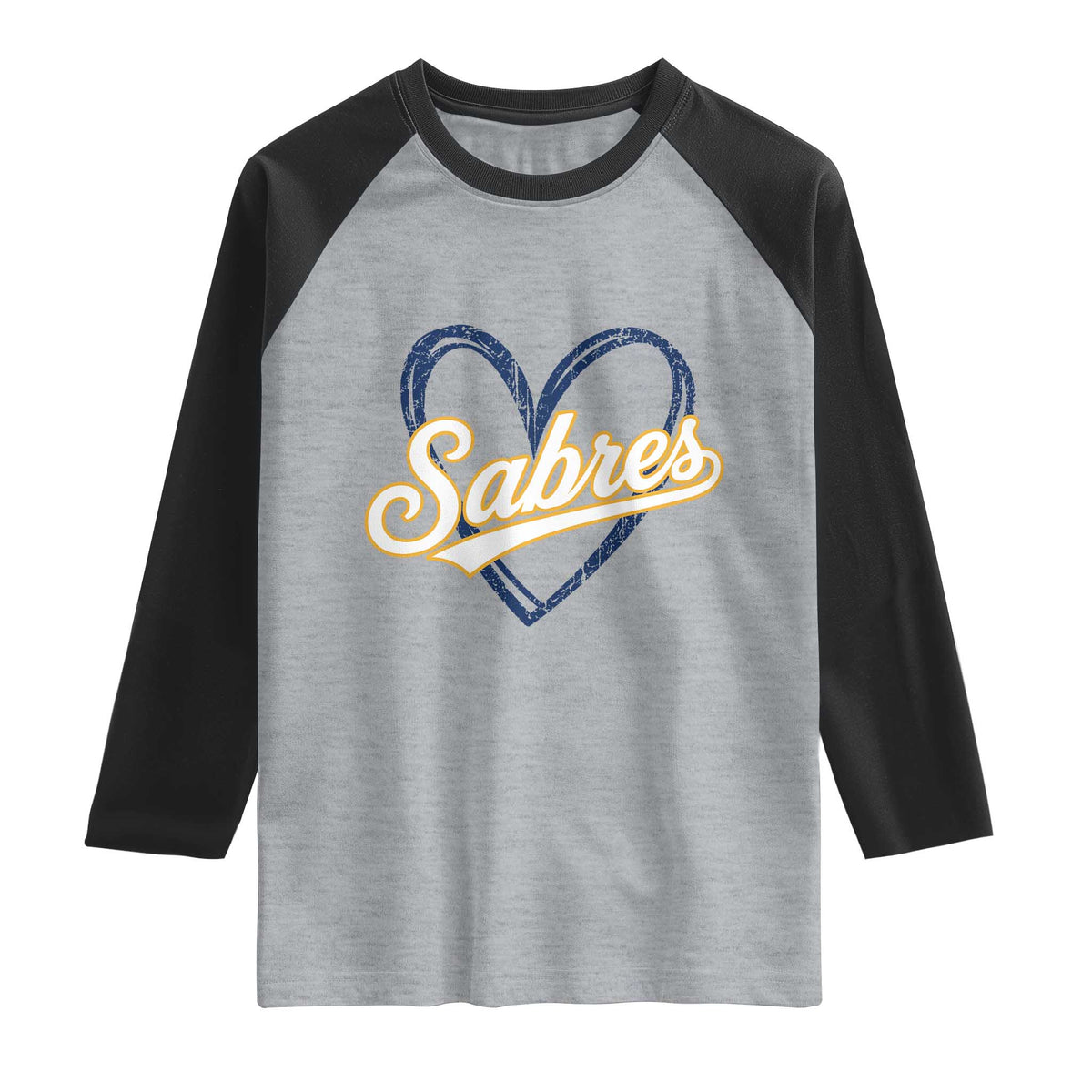 Vintage 70s Sabres Name Heart Script Style Raglan Shirt Retro Distressed Tailgate Spirit Sports Fan TS02 Heather Gray Black Print Your Wear