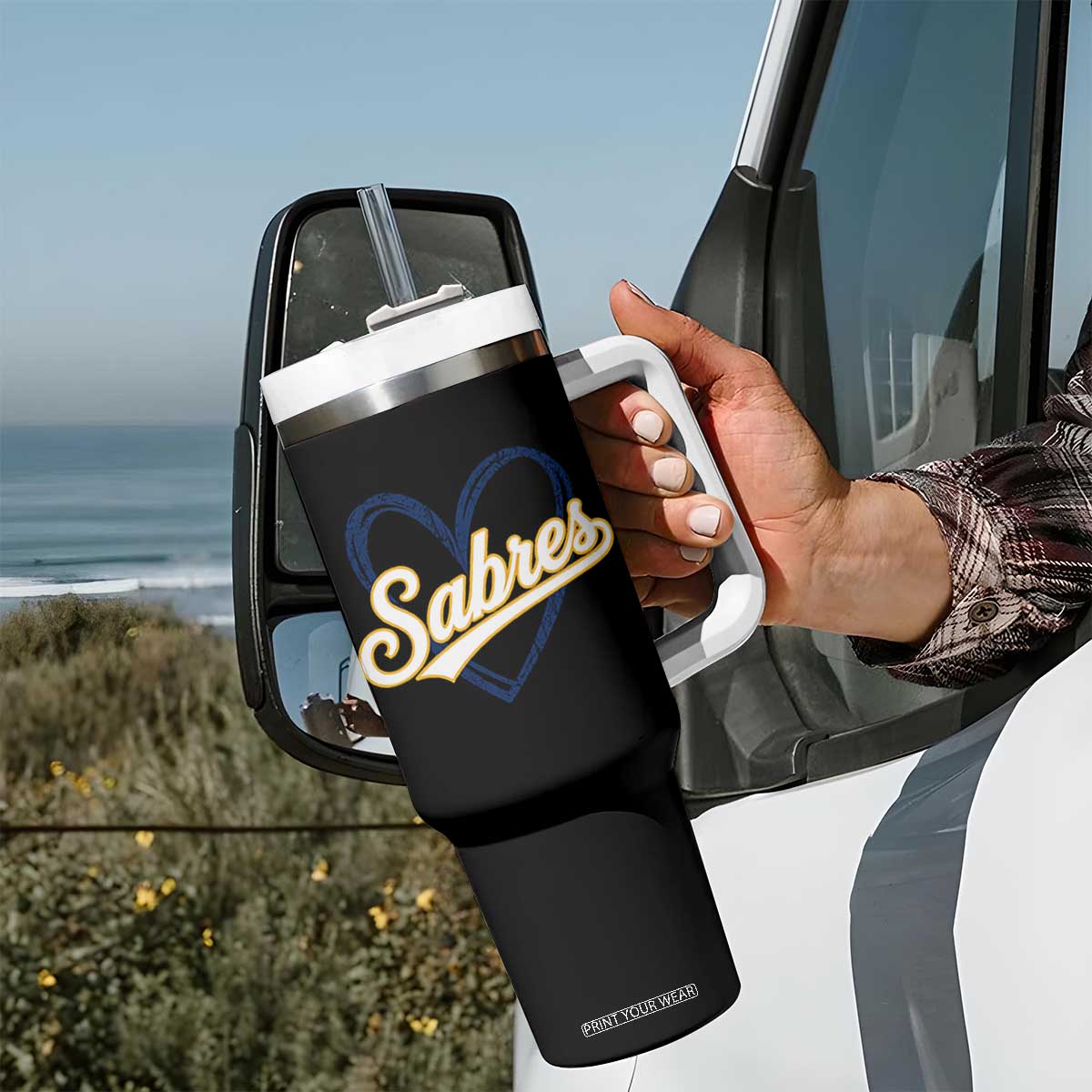 Vintage 70s Sabres Name Heart Script Style Tumbler With Handle Retro Distressed Tailgate Spirit Sports Fan TS02 Print Your Wear