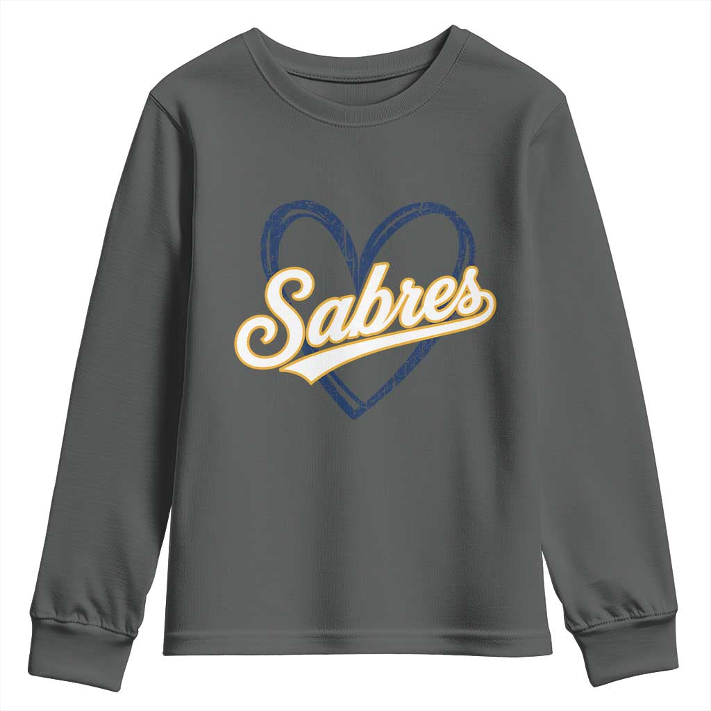 Vintage 70s Sabres Name Heart Script Style Youth Sweatshirt Retro Distressed Tailgate Spirit Sports Fan TS02 Dark Heather Print Your Wear