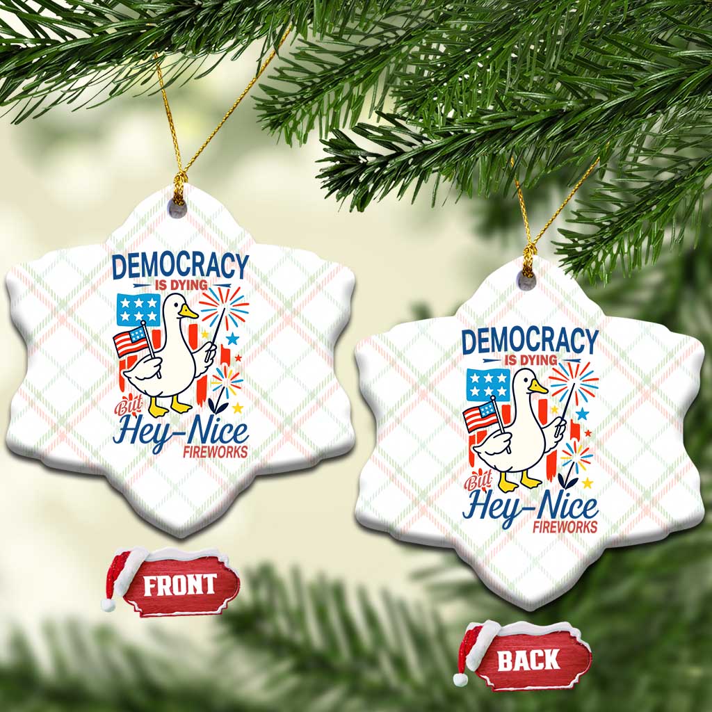 Funny Patriotic Duck Holding Firework Ceramic Ornament Funny Democracy Is Dying But Hey Nice Fireworks 4th Of July TS02 Print Your Wear