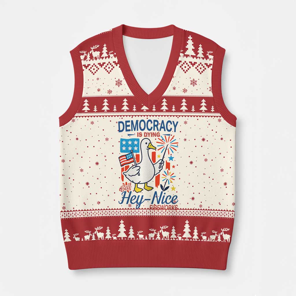 Funny Patriotic Duck Holding Firework V-Neck Knit Sweater Vest Funny Democracy Is Dying But Hey Nice Fireworks 4th Of July TS02 Beige Red Print Your Wear