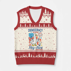 Funny Patriotic Duck Holding Firework V-Neck Knit Sweater Vest Funny Democracy Is Dying But Hey Nice Fireworks 4th Of July TS02 Beige Red Print Your Wear
