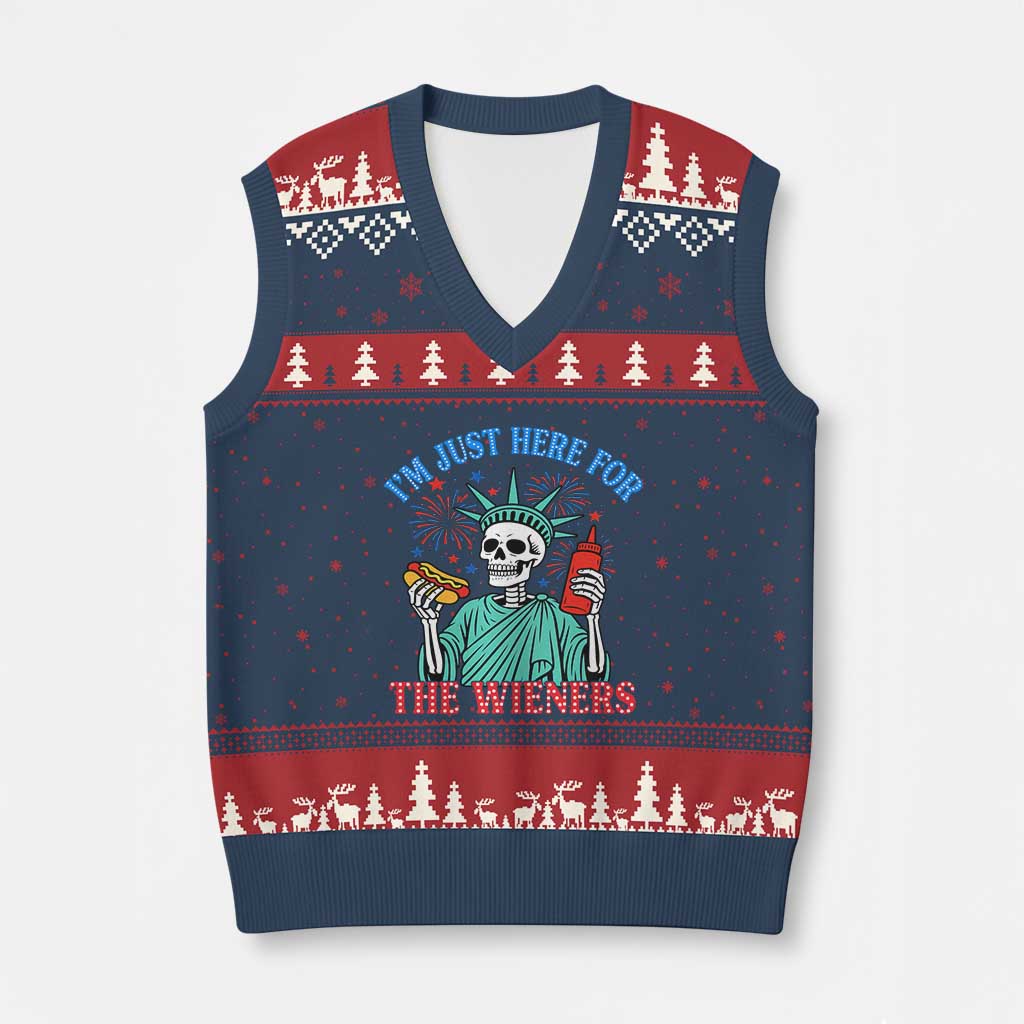 Funny Skeleton Lady Liberty V-Neck Knit Sweater Vest I'm Just Here For The Wieners 4th Of July Hot Dog TS02 Navy Red Print Your Wear