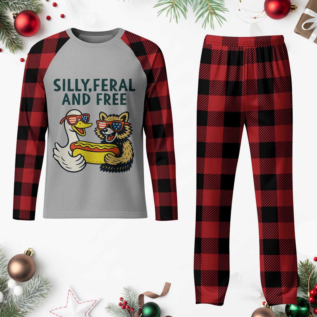 Silly Feral and Free Plaid Pajama Set Funny Goose and Raccoon 4th of July Patriotic TS02 Buffalo Plaid Print Your Wear