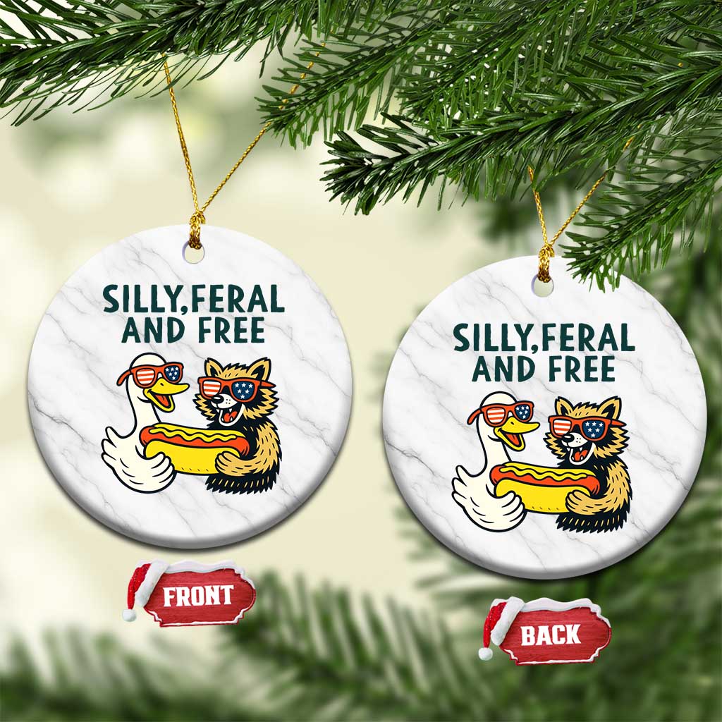 Silly Feral and Free Ceramic Ornament Funny Goose and Raccoon 4th of July Patriotic TS02 1pc White Marble Print Your Wear