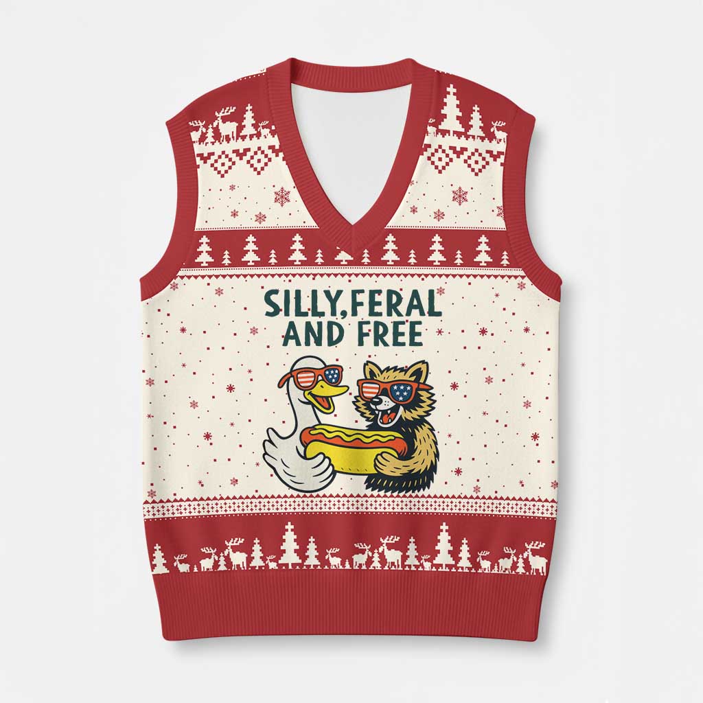 Silly Feral and Free V-Neck Knit Sweater Vest Funny Goose and Raccoon 4th of July Patriotic TS02 Beige Red Print Your Wear