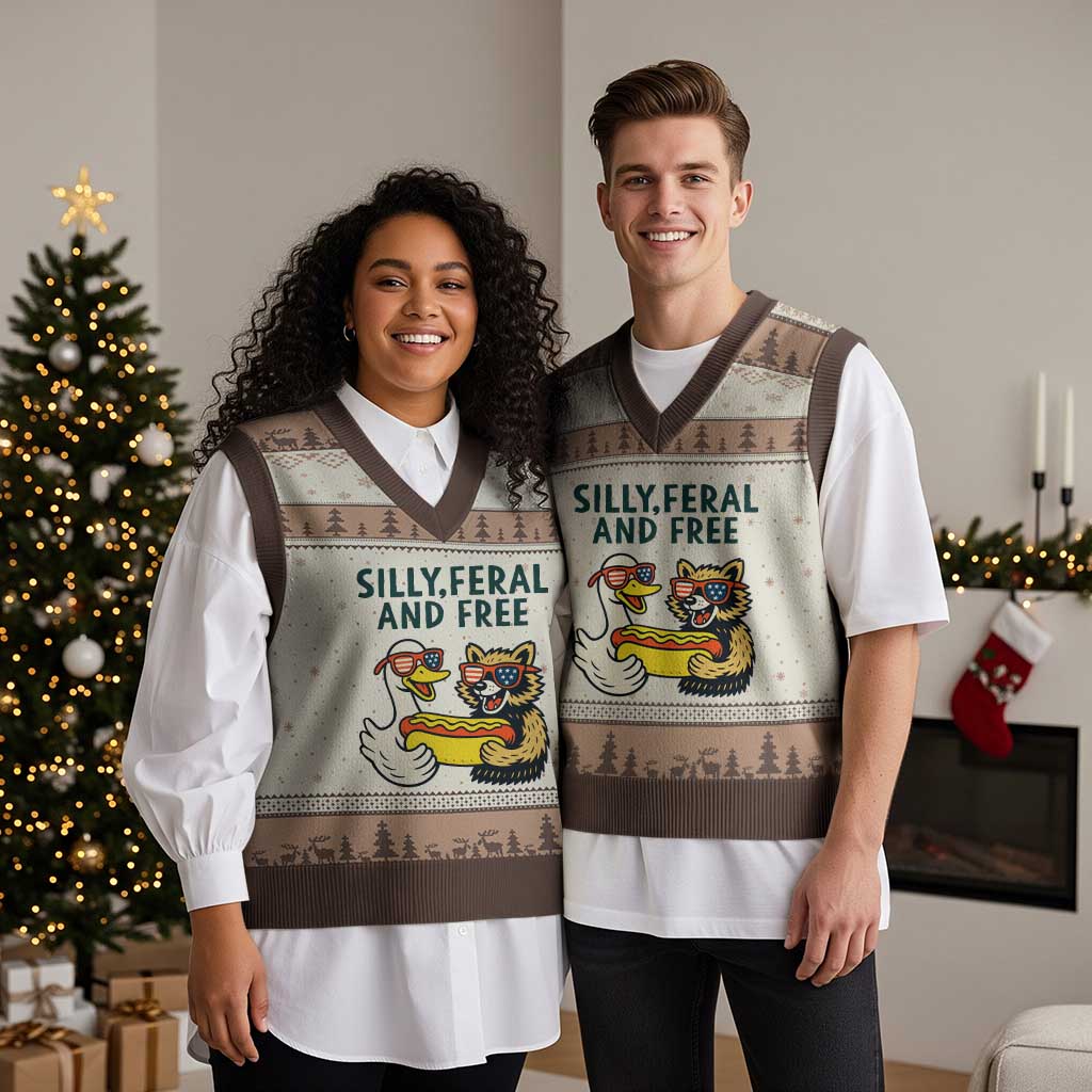 Silly Feral and Free V-Neck Knit Sweater Vest Funny Goose and Raccoon 4th of July Patriotic TS02 Mocha Mousse Print Your Wear