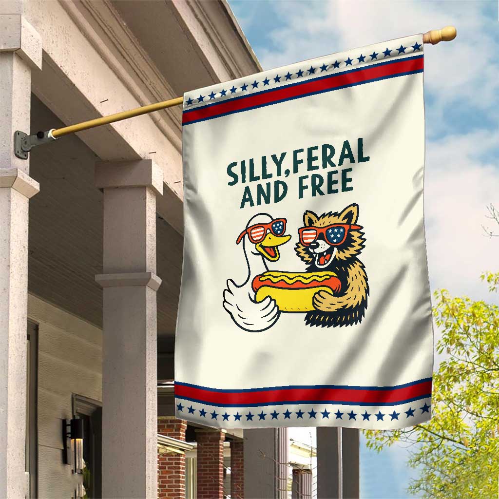 Silly Feral and Free Garden Flag Funny Goose and Raccoon 4th of July Patriotic TS02 Modern Beige Red Print Your Wear